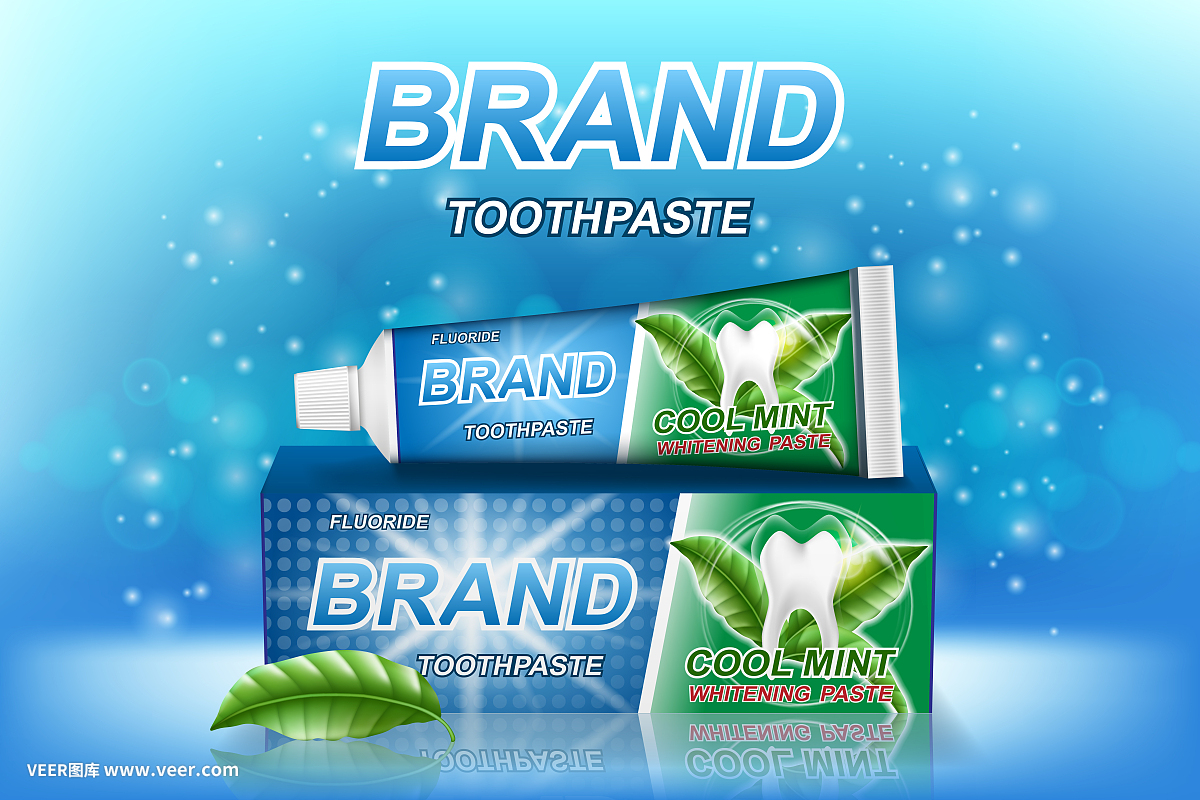 薄荷牙膏广告。牙齿模型和产品包装设计的牙科保健海报或广告。3 d矢量图